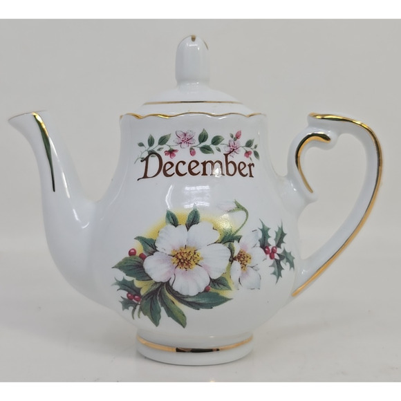 Golden Crown E& R Germany 3 1/2 in Mini Birthday Teapot White Floral December - Picture 3 of 9